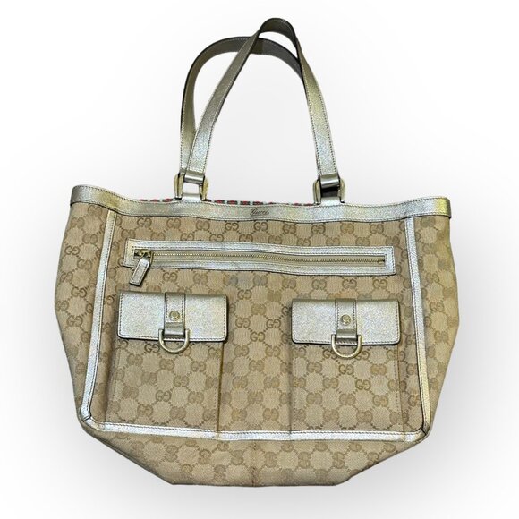 Gucci GG Monogram Abbey Tote Bag Sherry-Lined Gold Trim 146247 Made in Italy